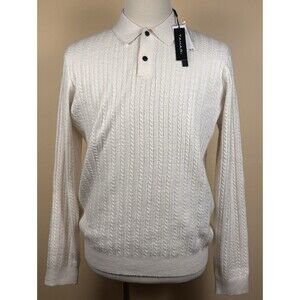 New Tahari Sweater Mens Medium Winter White Cable Knit Long Sleeve Button Collar